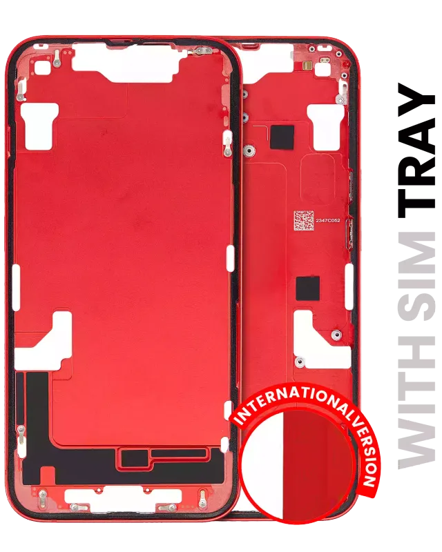 Střední rám (housing) s drobnými díly pro iPhone 14 (EU verze) (originál z vyřazeného zařízení, stav A) (červená)