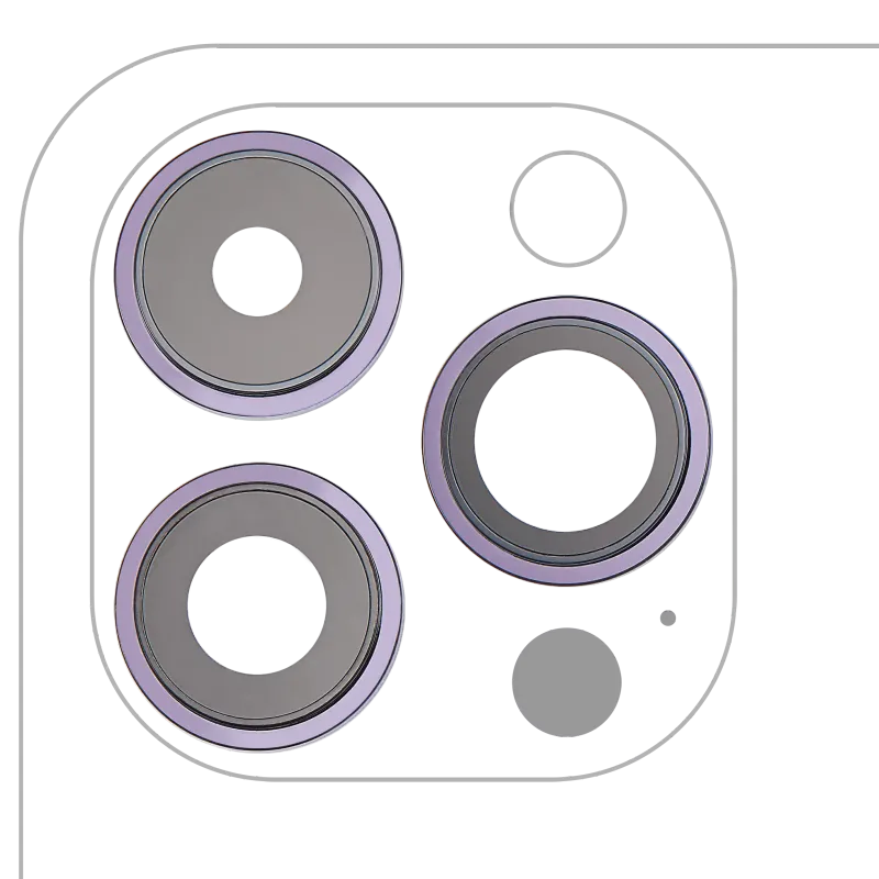 Sklíčko zadní kamery s držákem a rámečkem pro iPhone 14 Pro / 14 Pro Max (sada 3 ks) (Aftermarket Plus) (tmavě fialová)