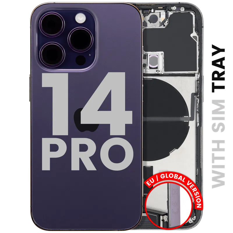 Zadní kryt (housing) s flexem nabíjecího konektoru a drobnými díly pro iPhone 14 Pro (EU verze) (originál z vyřazeného zařízení, stav C) (tmavě fialová)