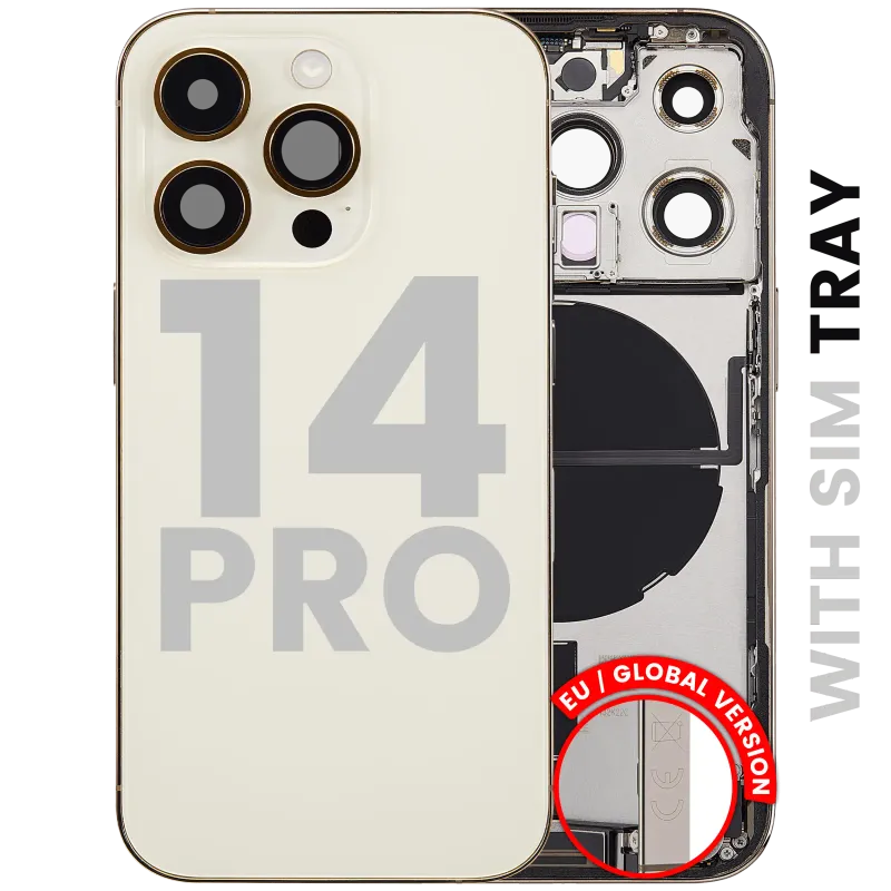 Zadní kryt (housing) s flexem nabíjecího konektoru a drobnými díly pro iPhone 14 Pro (EU verze) (originál z vyřazeného zařízení, stav C) (zlatá)