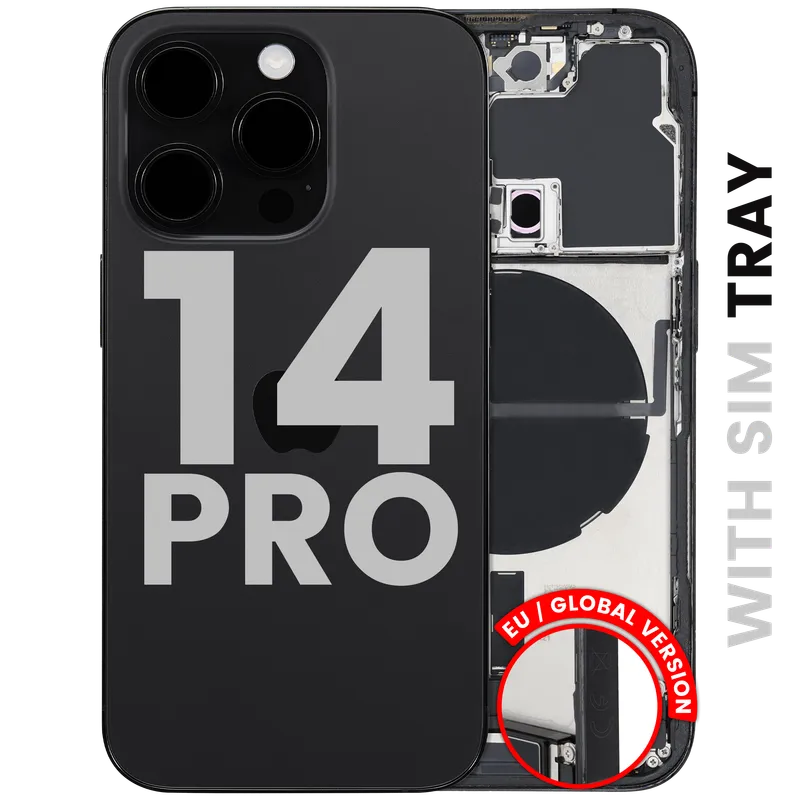 Zadní kryt (housing) s flexem nabíjecího konektoru a drobnými díly pro iPhone 14 Pro (EU verze) (originál z vyřazeného zařízení, stav B) (vesmírně černá)