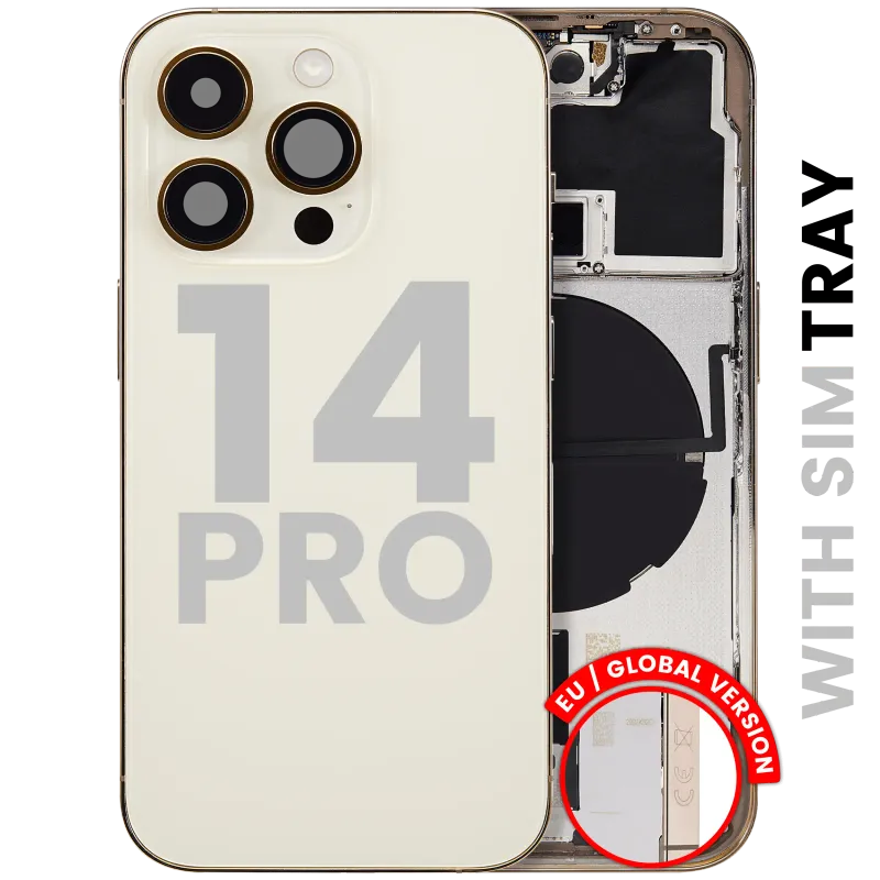 Zadní kryt (housing) s drobnými díly pro iPhone 14 Pro (EU verze) (originál z vyřazeného zařízení, stav B) (zlatá)