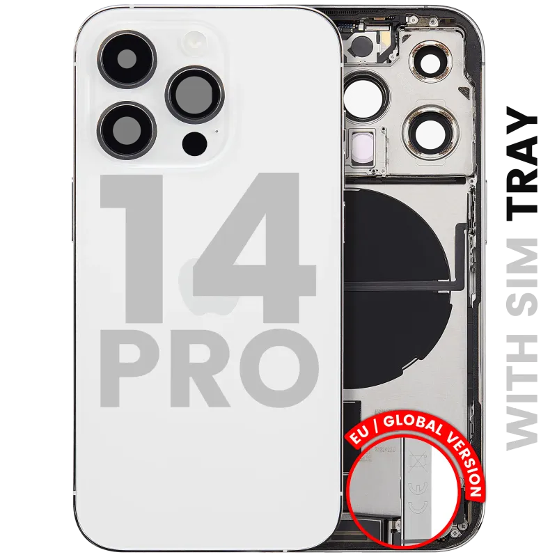 Zadní kryt (housing) s flexem nabíjecího konektoru a drobnými díly pro iPhone 14 Pro (EU verze) (originál z vyřazeného zařízení, stav B) (stříbrná)