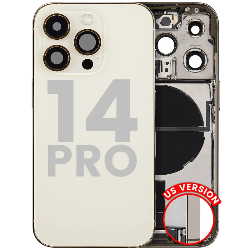 Zadní kryt (housing) s flexem nabíjecího konektoru a drobnými díly pro iPhone 14 Pro (US verze) (originál z vyřazeného zařízení, stav A) (zlatá)