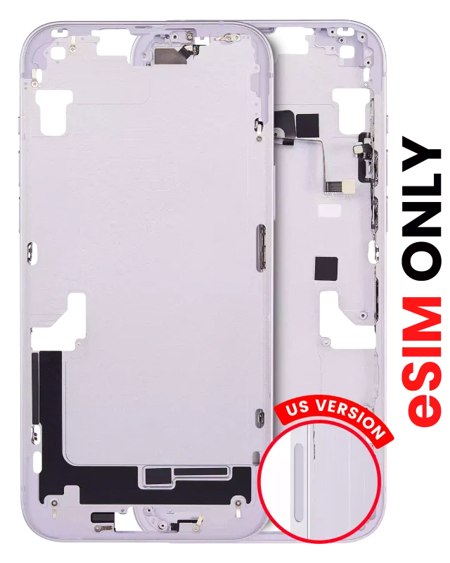 Střední rám (housing) s drobnými díly pro iPhone 14 Plus (US verze) (Aftermarket Plus) (fialová)