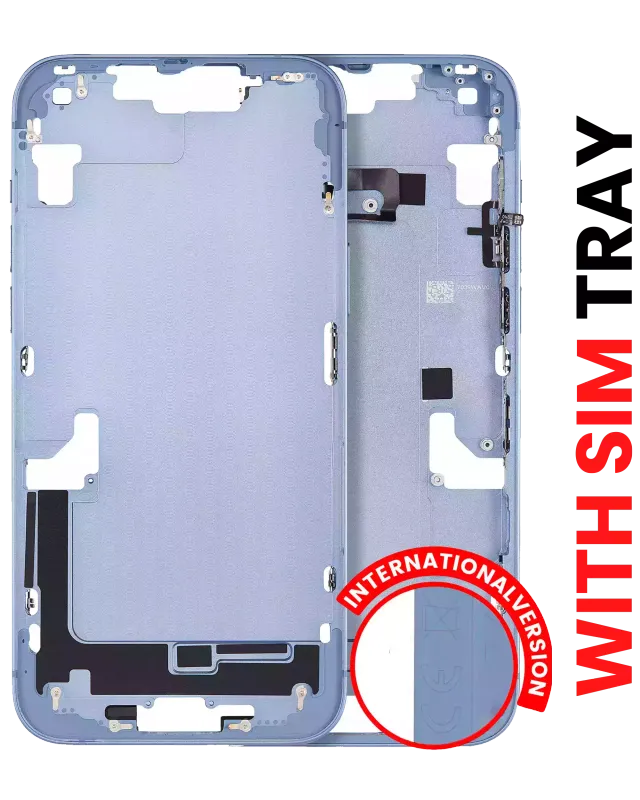 Střední rám (housing) s drobnými díly pro iPhone 14 Plus (EU verze) (Aftermarket Plus) (modrá)