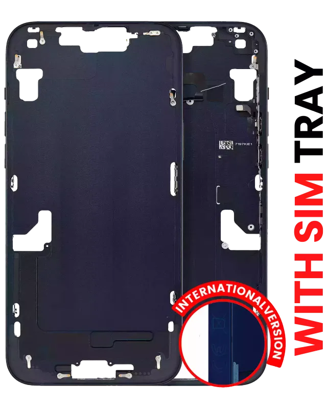 Střední rám (housing) s drobnými díly pro iPhone 14 Plus (EU verze) (Aftermarket Plus) (temně inkoustová)