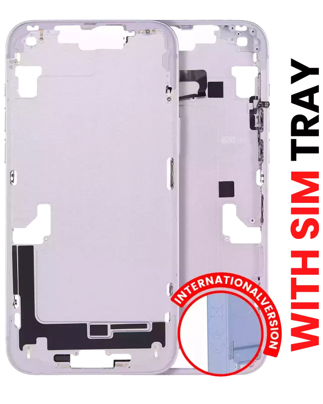 Střední rám (housing) s drobnými díly pro iPhone 14 Plus (EU verze) (Aftermarket Plus) (fialová)