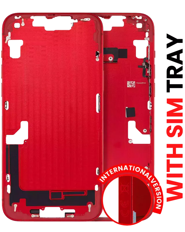 Střední rám (housing) s drobnými díly pro iPhone 14 Plus (EU verze) (Aftermarket Plus) (červená)
