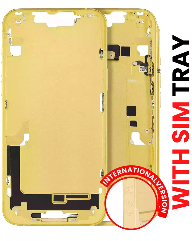 Střední rám (housing) s drobnými díly pro iPhone 14 Plus (EU verze) (Aftermarket Plus) (žlutá)