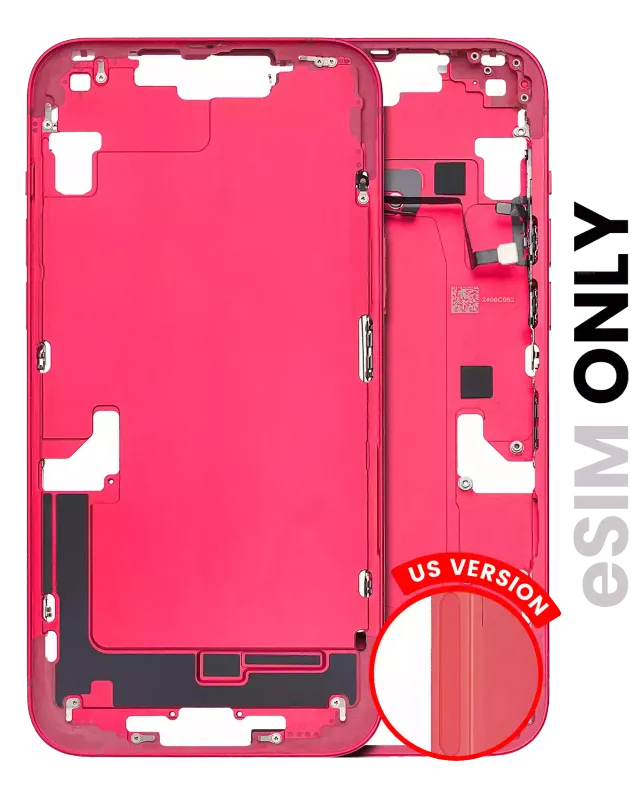 Střední rám (housing) s drobnými díly pro iPhone 14 Plus (US verze) (originál z vyřazeného zařízení, stav C) (červená)