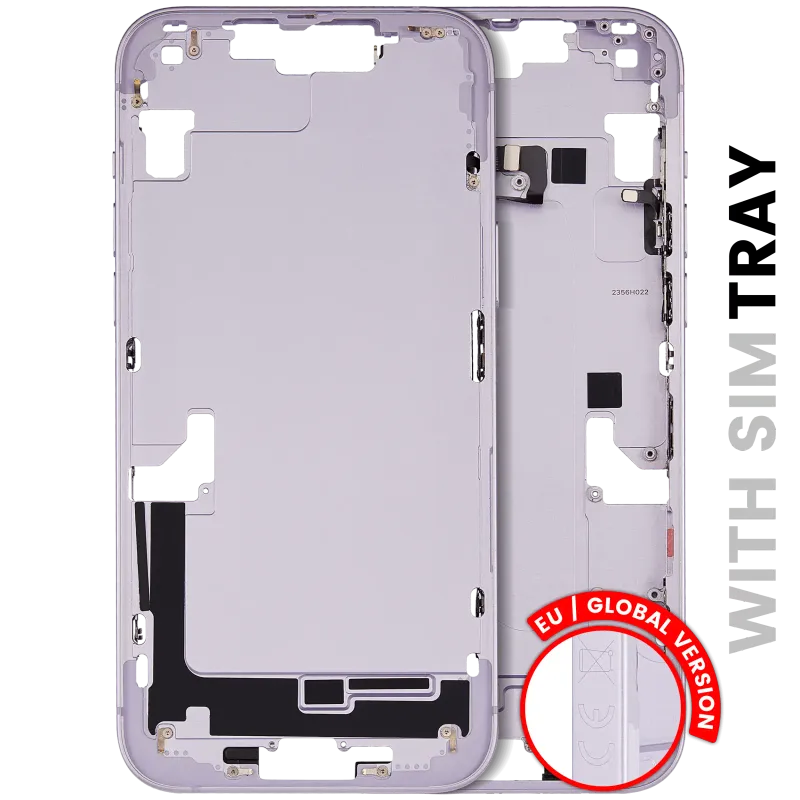 Střední rám (housing) s drobnými díly pro iPhone 14 Plus (EU verze) (originál z vyřazeného zařízení, stav C) (fialová)