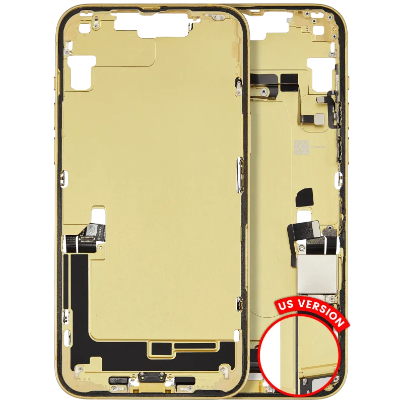 Střední rám (housing) s flexem nabíjecího konektoru a drobnými díly pro iPhone 14 Plus (US verze) (originál z vyřazeného zařízení, stav C) (žlutá)
