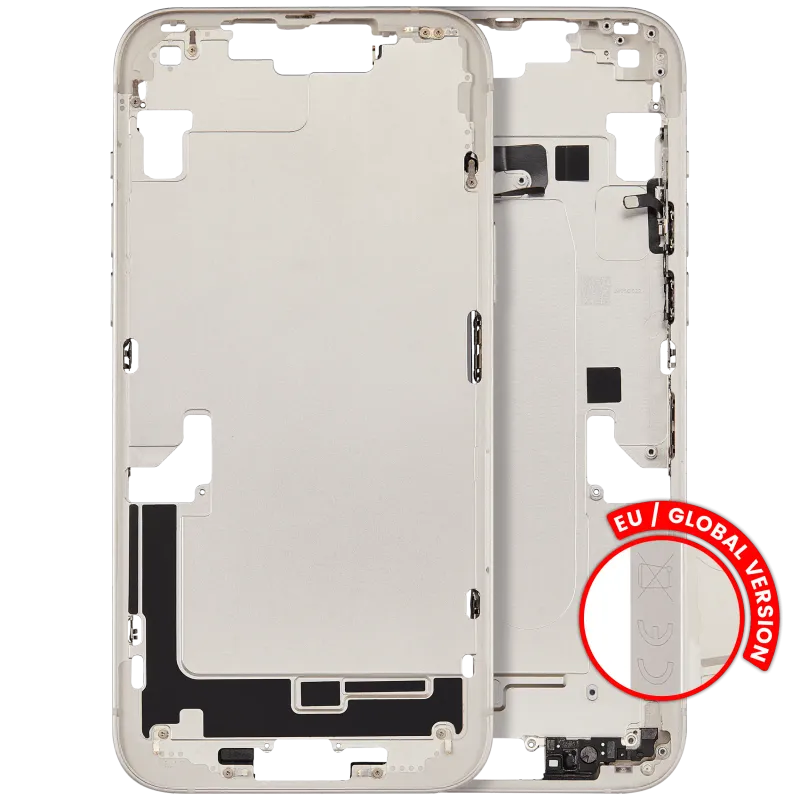 Střední rám (housing) s flexem nabíjecího konektoru a drobnými díly pro iPhone 14 Plus (EU verze) (originál z vyřazeného zařízení, stav C) (hvězdně bílá)