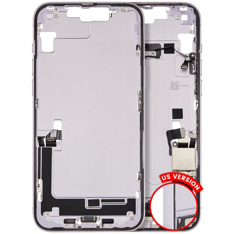 Střední rám (housing) s flexem nabíjecího konektoru a drobnými díly pro iPhone 14 Plus (US verze) (originál z vyřazeného zařízení, stav C) (fialová)