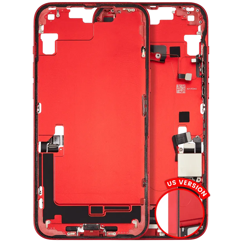 Střední rám (housing) s flexem nabíjecího konektoru a drobnými díly pro iPhone 14 Plus (US verze) (originál z vyřazeného zařízení, stav C) (červená)
