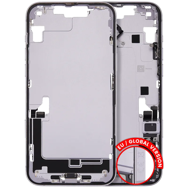 Střední rám (housing) s flexem nabíjecího konektoru a drobnými díly pro iPhone 14 Plus (EU verze) (originál z vyřazeného zařízení, stav C) (fialová)