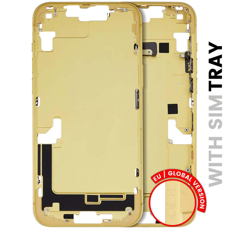 Střední rám (housing) s drobnými díly pro iPhone 14 Plus (EU verze) (originál z vyřazeného zařízení, stav B) (žlutá)