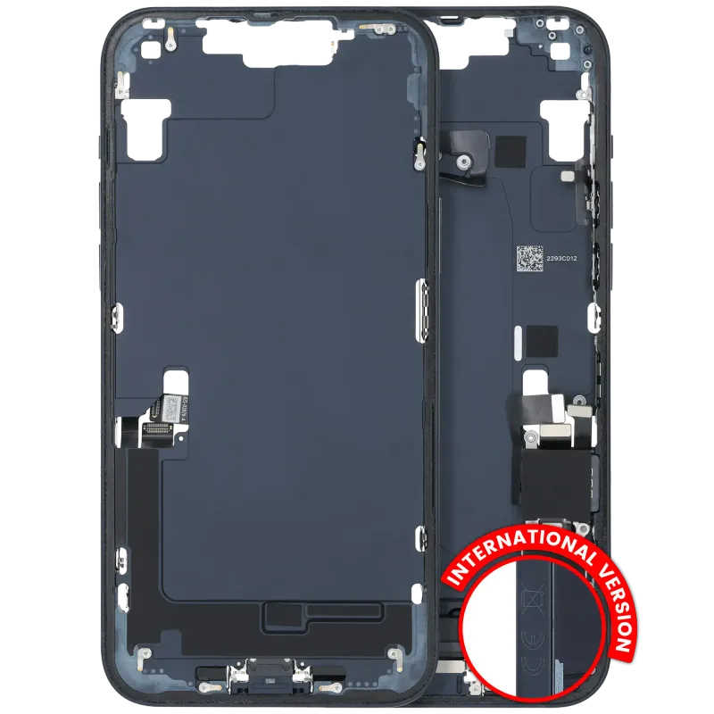 Střední rám (housing) s flexem nabíjecího konektoru a drobnými díly pro iPhone 14 Plus (EU verze) (originál z vyřazeného zařízení, stav B) (temně inkoustová)