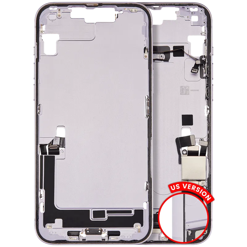 Střední rám (housing) s flexem nabíjecího konektoru a drobnými díly pro iPhone 14 Plus (US verze) (originál z vyřazeného zařízení, stav B) (fialová)