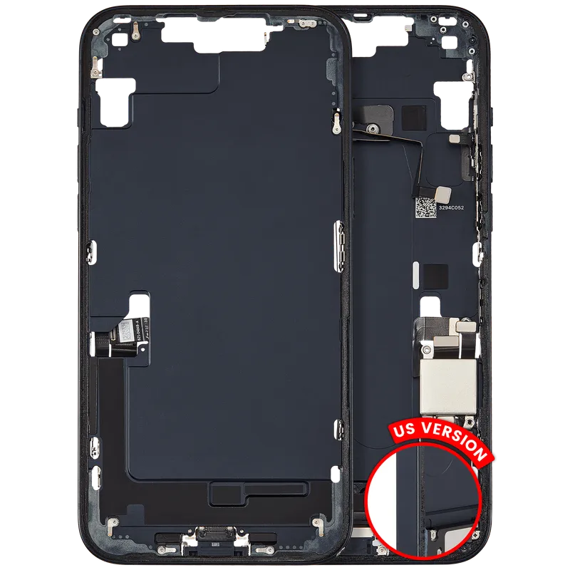 Střední rám (housing) s flexem nabíjecího konektoru a drobnými díly pro iPhone 14 Plus (US verze) (originál z vyřazeného zařízení, stav B) (temně inkoustová)