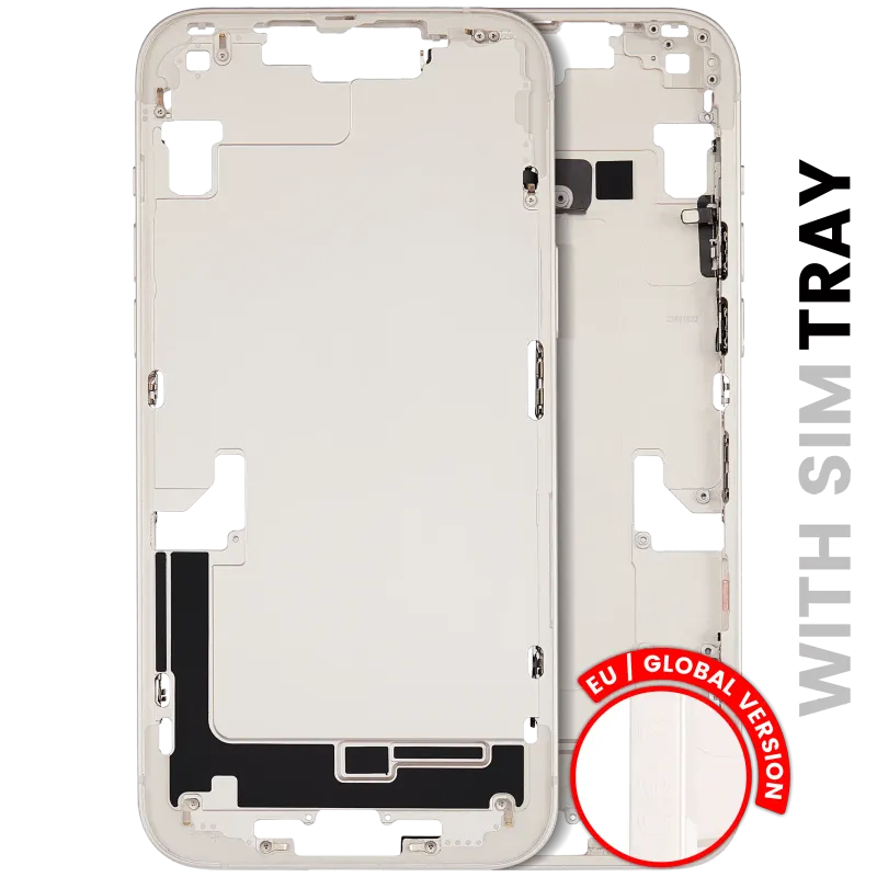 Střední rám (housing) s drobnými díly pro iPhone 14 Plus (EU verze) (originál z vyřazeného zařízení, stav B) (hvězdně bílá)