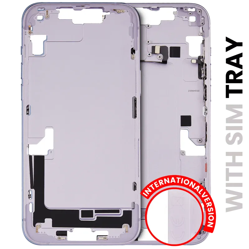 Střední rám (housing) s drobnými díly pro iPhone 14 Plus (EU verze) (originál z vyřazeného zařízení, stav A) (fialová)