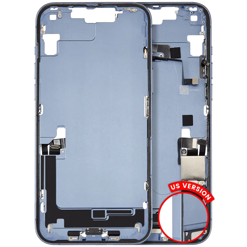 Střední rám (housing) s flexem nabíjecího konektoru a drobnými díly pro iPhone 14 Plus (US verze) (originál z vyřazeného zařízení, stav A) (modrá)