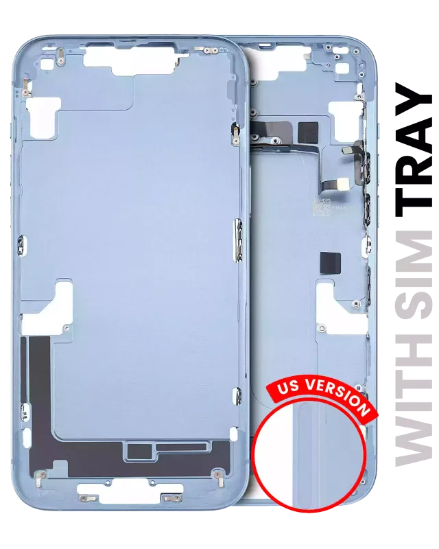Střední rám (housing) s drobnými díly pro iPhone 14 Plus (EU verze) (originál z vyřazeného zařízení, stav A) (modrá)