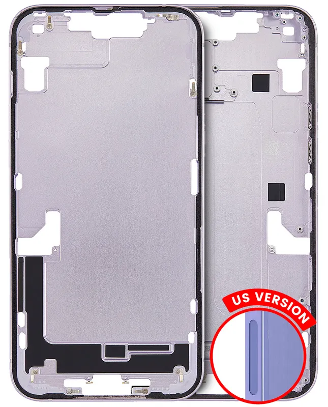 Střední rám (housing) s drobnými díly pro iPhone 14 Plus (US verze) (originál z vyřazeného zařízení, stav A) (fialová)
