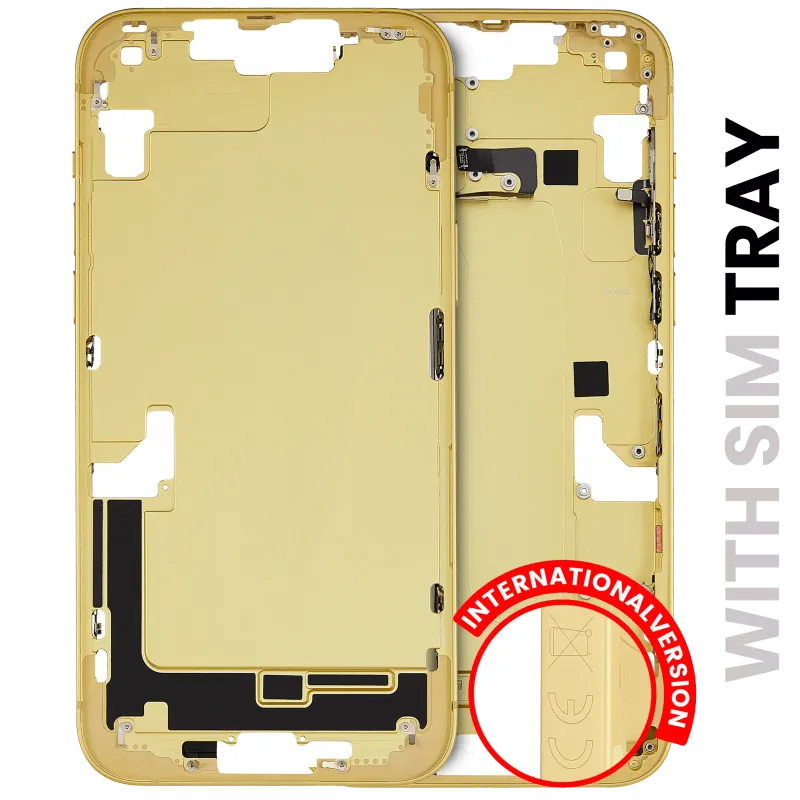 Střední rám (housing) s drobnými díly pro iPhone 14 Plus (EU verze) (originál z vyřazeného zařízení, stav A) (žlutá)