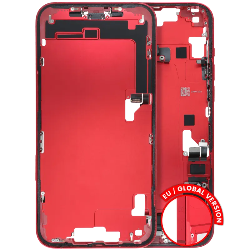 Střední rám (housing) s flexem nabíjecího konektoru a drobnými díly pro iPhone 14 Plus (EU verze) (originál z vyřazeného zařízení, stav A) (červená)