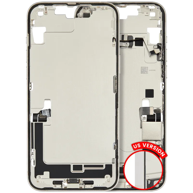Střední rám (housing) s flexem nabíjecího konektoru a drobnými díly pro iPhone 14 Plus (US verze) (originál z vyřazeného zařízení, stav A) (hvězdně bílá)