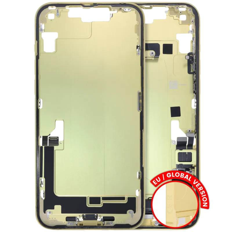 Střední rám (housing) s flexem nabíjecího konektoru a drobnými díly pro iPhone 14 Plus (EU verze) (originál z vyřazeného zařízení, stav A) (žlutá)
