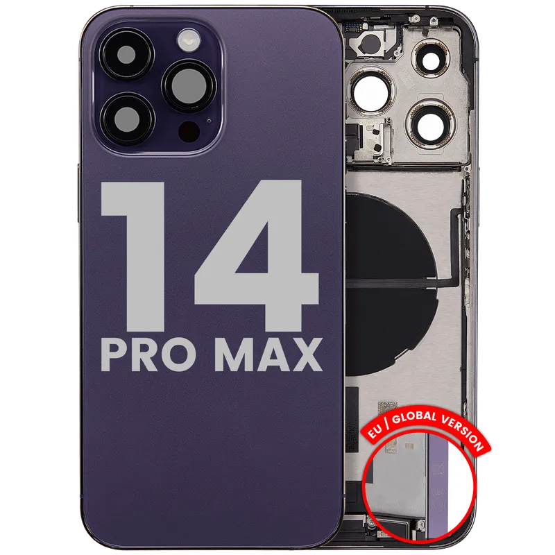 Zadní kryt (housing) s flexem nabíjecího konektoru a drobnými díly pro iPhone 14 Pro Max (EU verze) (originál z vyřazeného zařízení, stav C) (tmavě fialová)