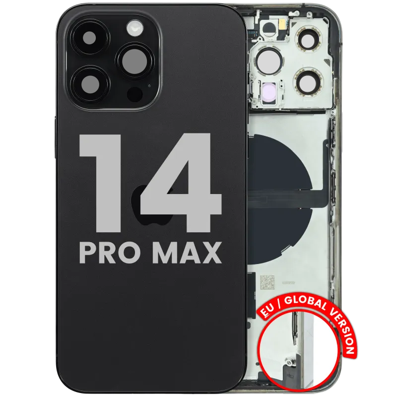 Zadní kryt (housing) s flexem nabíjecího konektoru a drobnými díly pro iPhone 14 Pro Max (EU verze) (originál z vyřazeného zařízení, stav C) (vesmírně černá)