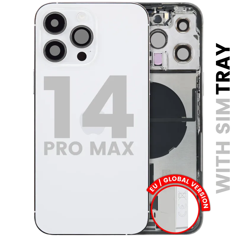 Zadní kryt (housing) s flexem nabíjecího konektoru a drobnými díly pro iPhone 14 Pro Max (EU verze) (originál z vyřazeného zařízení, stav C) (stříbrná)