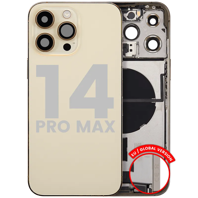 Zadní kryt (housing) s flexem nabíjecího konektoru a drobnými díly pro iPhone 14 Pro Max (EU verze) (originál z vyřazeného zařízení, stav C) (zlatá)