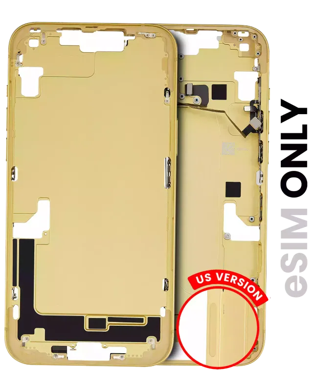 Střední rám (housing) s drobnými díly pro iPhone 14 Plus (US verze) (originál z vyřazeného zařízení, stav C) (žlutá)
