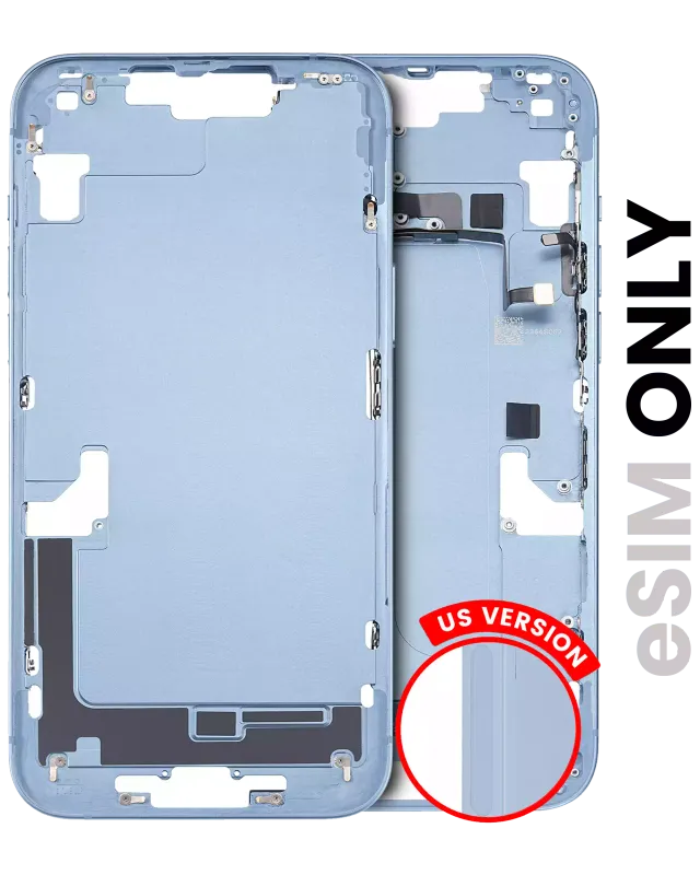 Střední rám (housing) s drobnými díly pro iPhone 14 Plus (US verze) (originál z vyřazeného zařízení, stav C) (modrá)