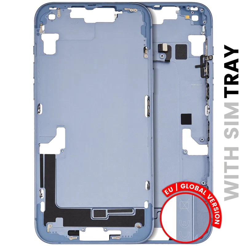 Střední rám (housing) s drobnými díly pro iPhone 14 Plus (EU verze) (originál z vyřazeného zařízení, stav C) (modrá)