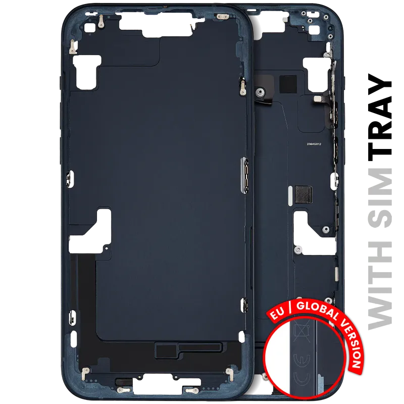 Střední rám (housing) s drobnými díly pro iPhone 14 Plus (EU verze) (originál z vyřazeného zařízení, stav B) (temně inkoustová)