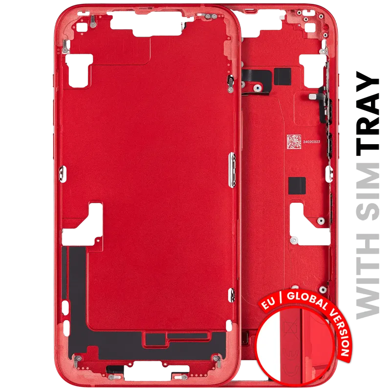 Střední rám (housing) s drobnými díly pro iPhone 14 Plus (EU verze) (originál z vyřazeného zařízení, stav B) (červená)