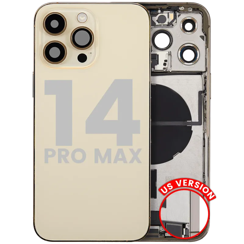 Zadní kryt (housing) s flexem nabíjecího konektoru a drobnými díly pro iPhone 14 Pro Max (US verze) (originál z vyřazeného zařízení, stav A) (zlatá)