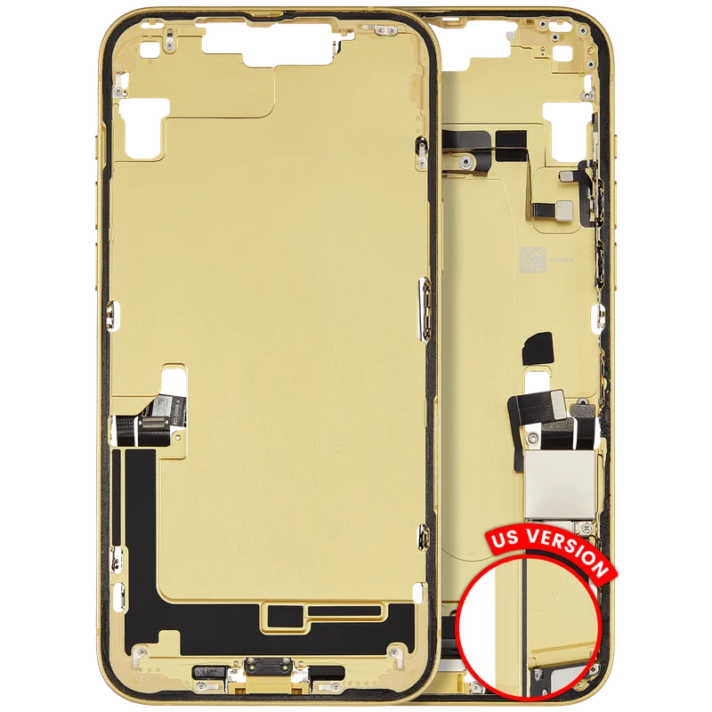 Střední rám (housing) s flexem nabíjecího konektoru a drobnými díly pro iPhone 14 Plus (US verze) (originál z vyřazeného zařízení, stav A) (žlutá)