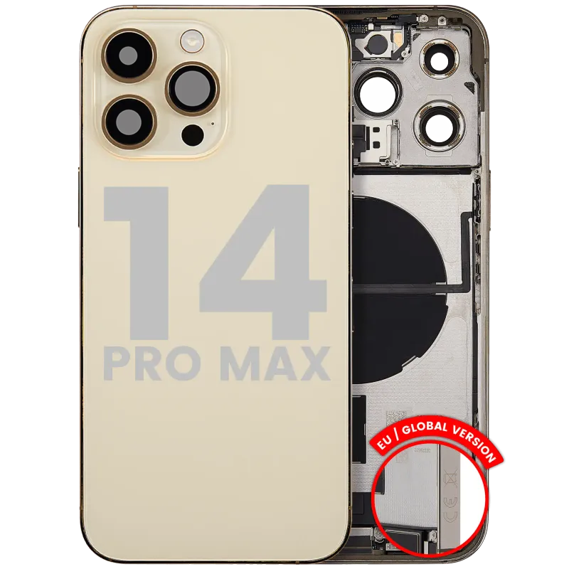 Zadní kryt (housing) s flexem nabíjecího konektoru a drobnými díly pro iPhone 14 Pro Max (EU verze) (originál z vyřazeného zařízení, stav A) (zlatá)
