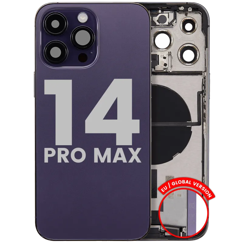 Zadní kryt (housing) s flexem nabíjecího konektoru a drobnými díly pro iPhone 14 Pro Max (EU verze) (originál z vyřazeného zařízení, stav A) (tmavě fialová)