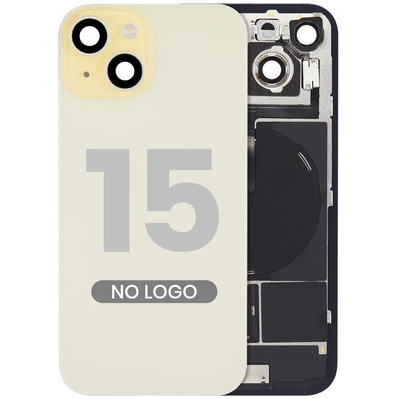 Zadní sklo s magnetem MagSafe, NFC a flexem blesku pro iPhone 15 (bez loga) (Aftermarket) (žlutá)