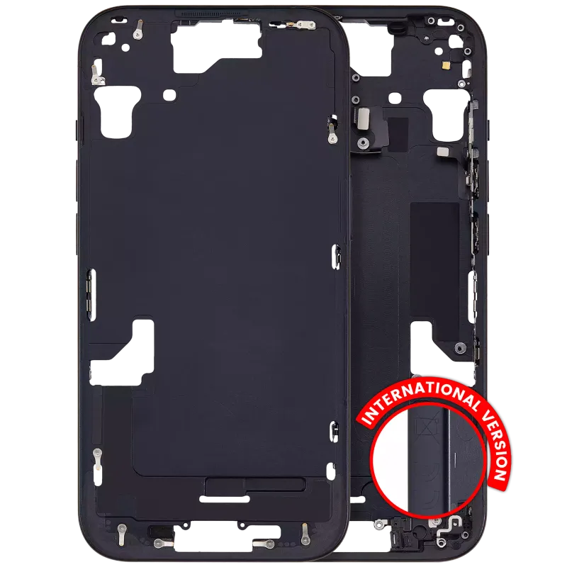 Střední rám (housing) s drobnými díly pro iPhone 15 (EU verze) (Aftermarket Plus) (černá)