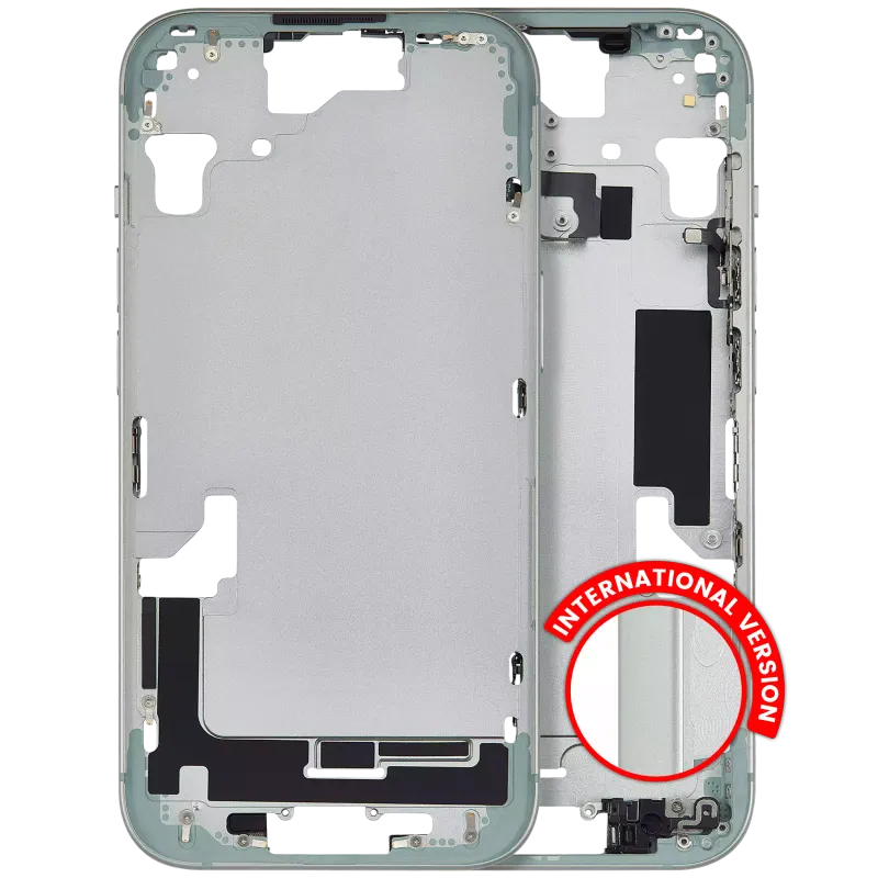Střední rám (housing) s drobnými díly pro iPhone 15 (EU verze) (Aftermarket Plus) (zelená)